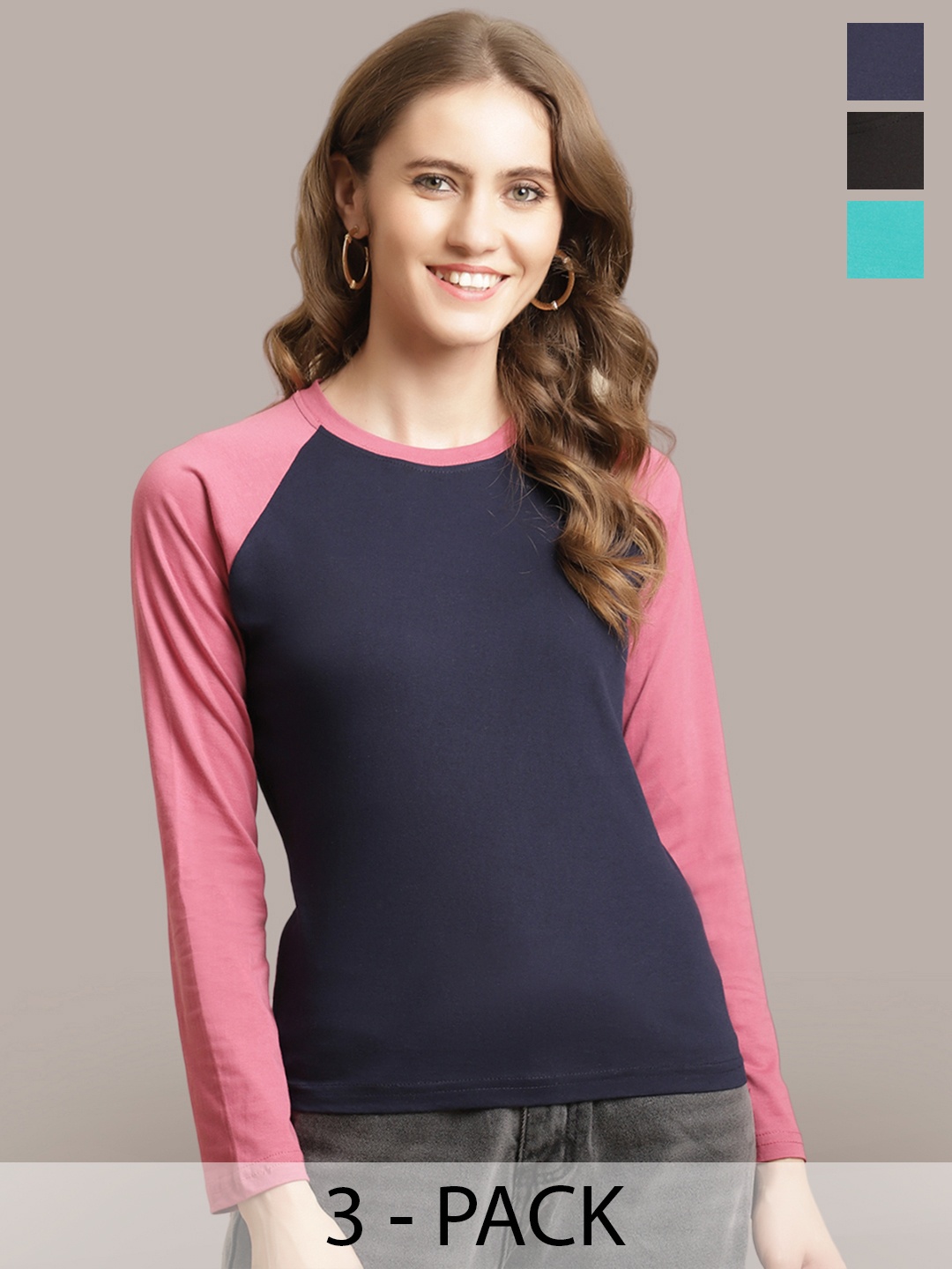 

Metronaut Women Pack Of 3 Colourblocked Round Neck Cotton T-shirts, Navy blue