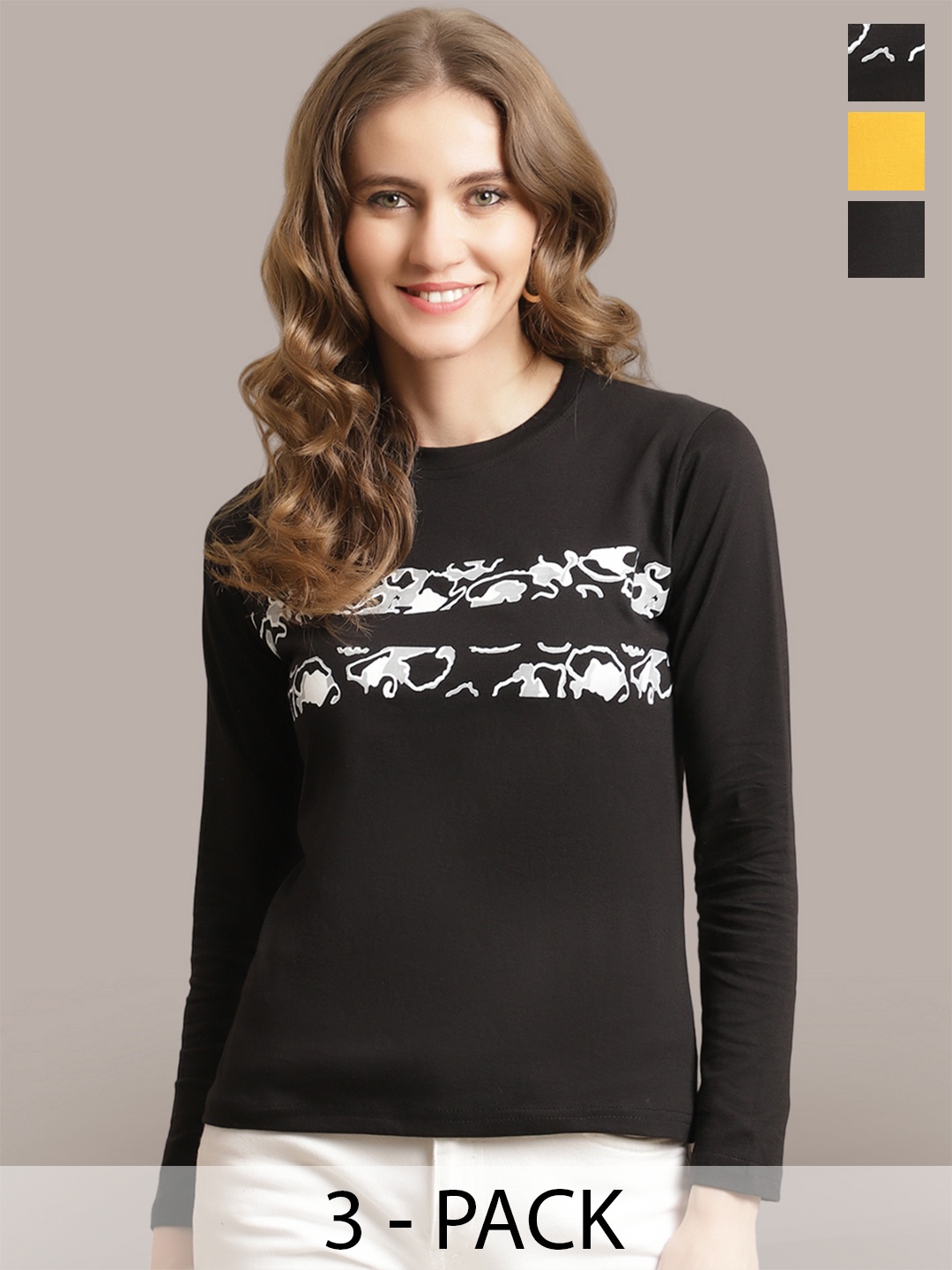 

Metronaut Women Pack Of 3 Typography Printed Round Neck Cotton T-shirts, Black