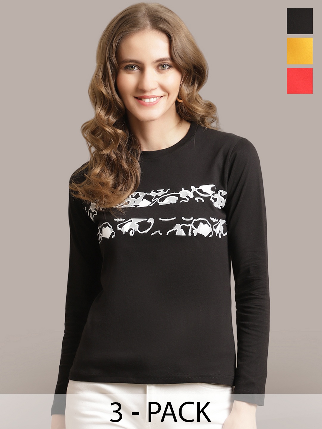 Metronaut Women Pack Of 3 Typography Printed Round Neck Cotton T-shirts, Black