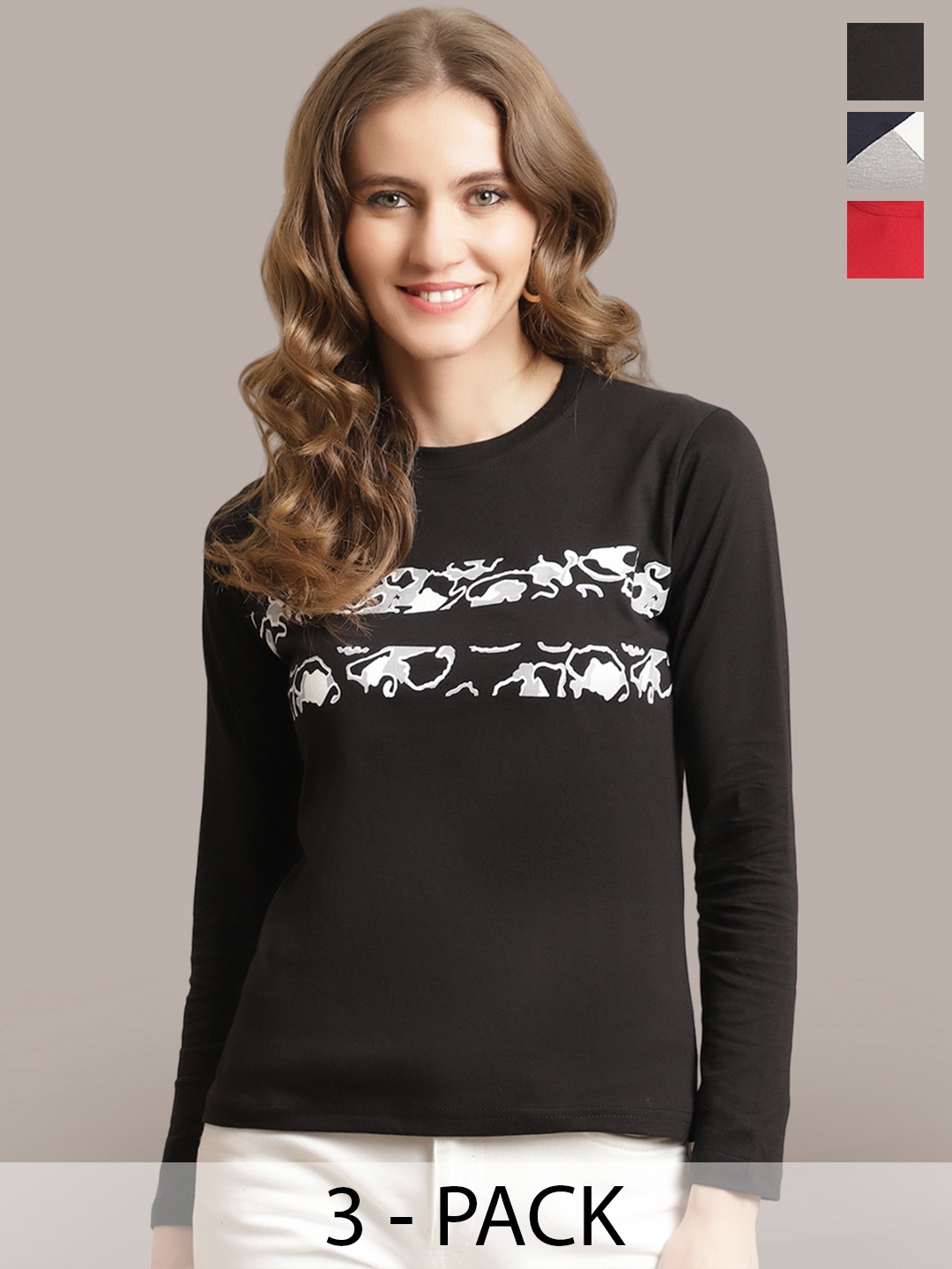 

Metronaut Women Pack Of 3 Printed Round Neck Cotton T-shirts, Black