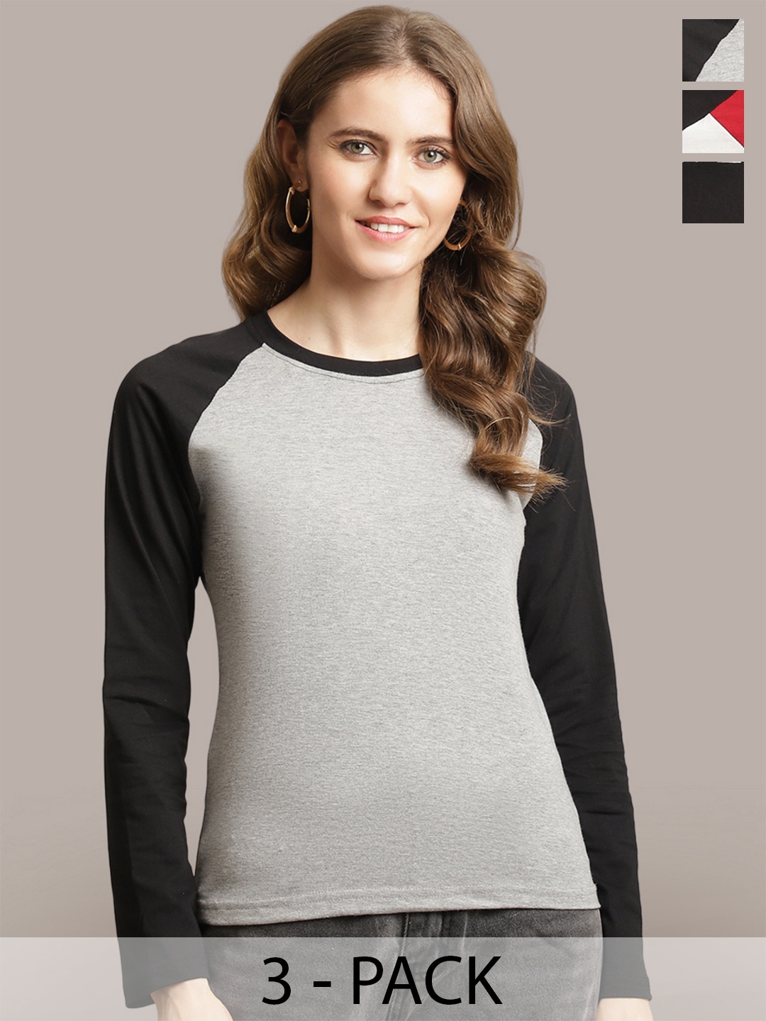

Metronaut Women Pack Of 3 Colourblocked Round Neck Cotton T-shirts, Grey