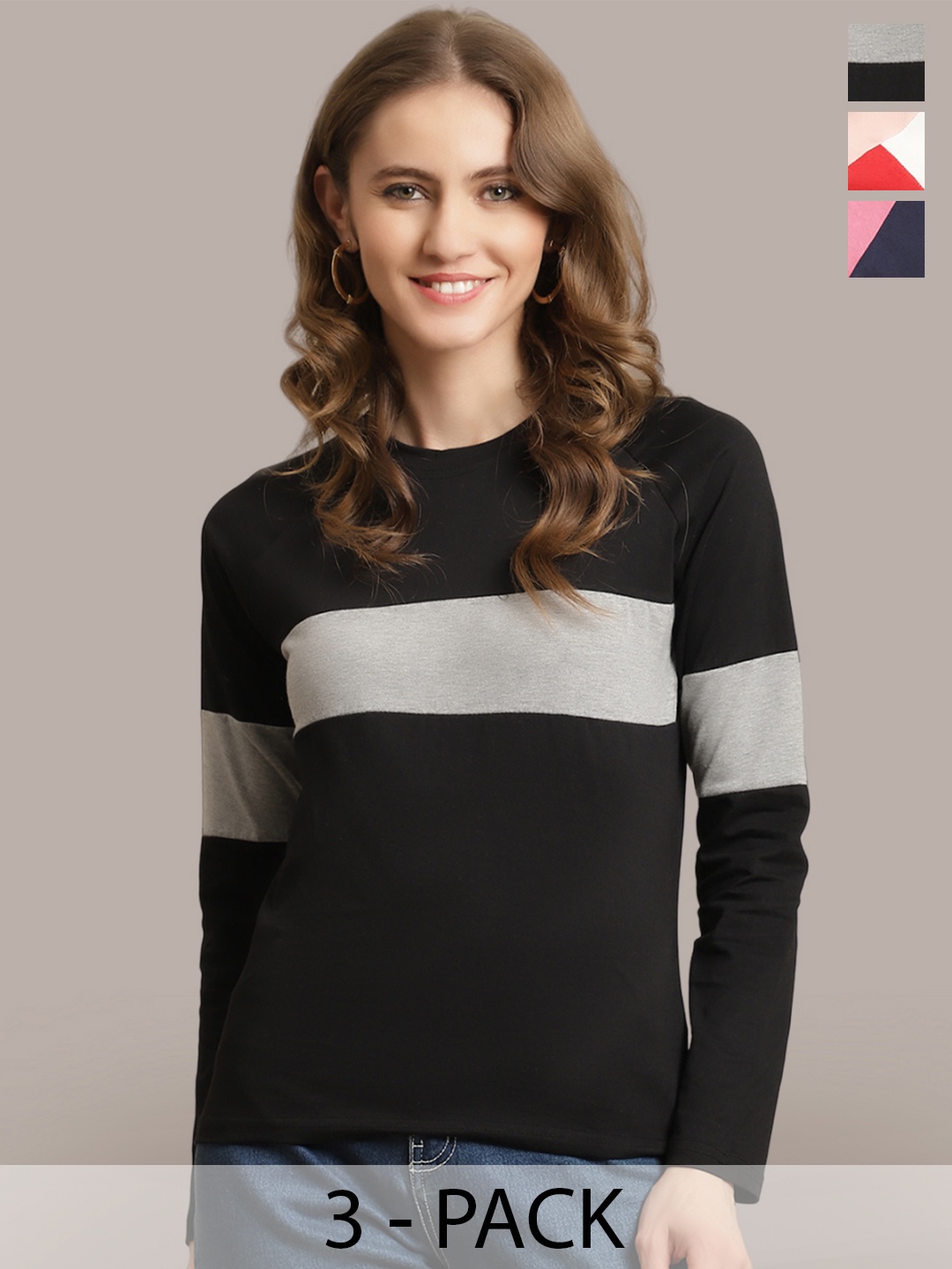 

Metronaut Women Pack Of 3 Colourblocked Round Neck Cotton T-shirts, Navy blue