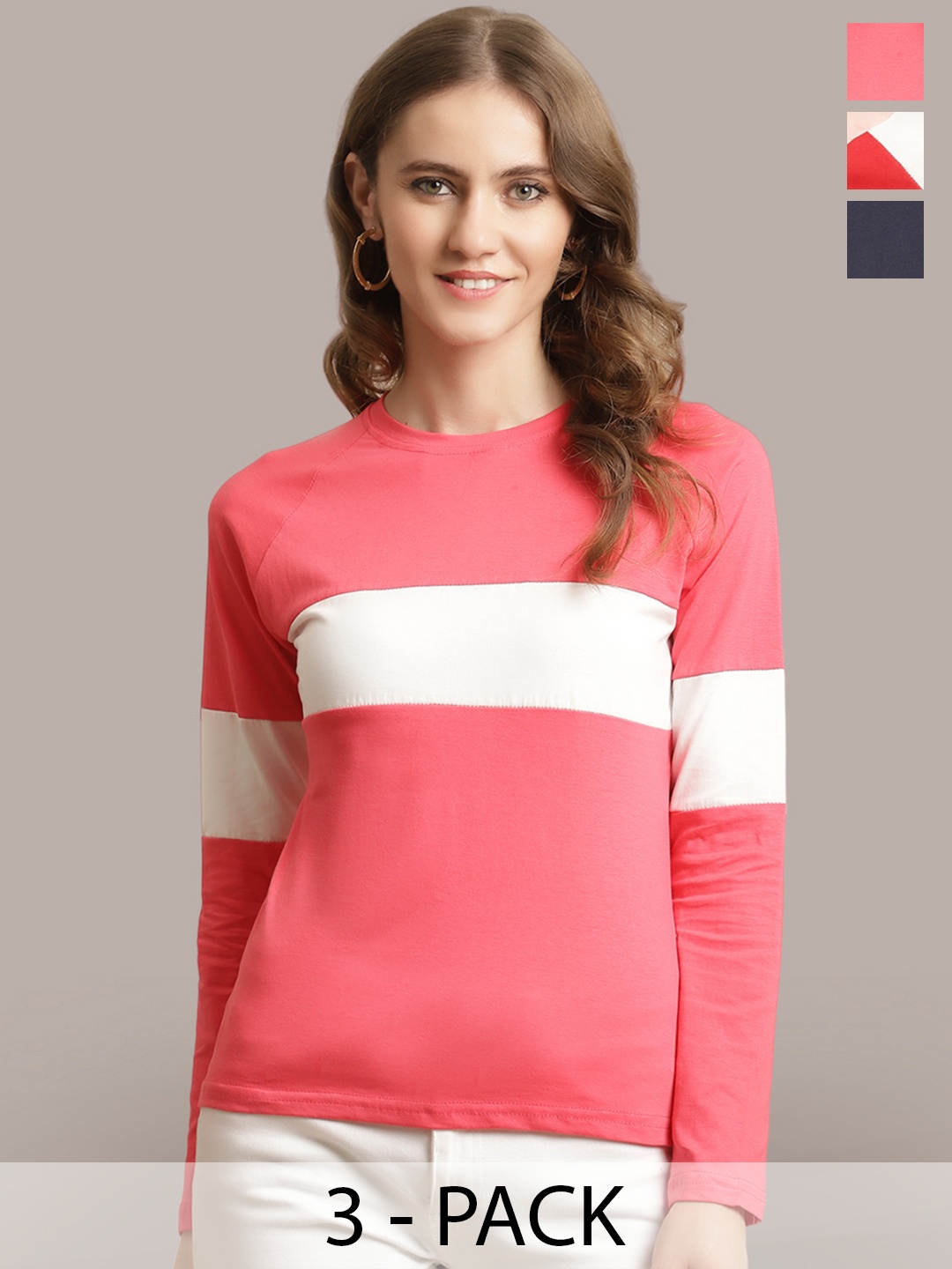 

Metronaut Women Pack Of 3 Colourblocked Round Neck Cotton T-shirts, Pink