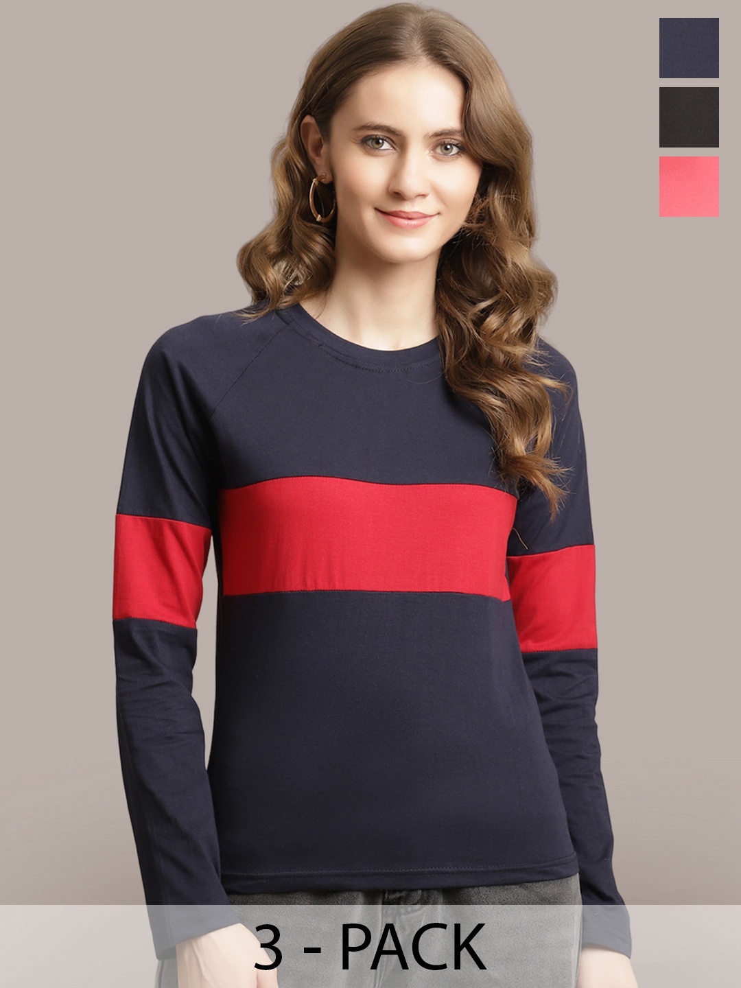 

Metronaut Women Pack Of 3 Printed Round Neck Cotton T-shirts, Navy blue