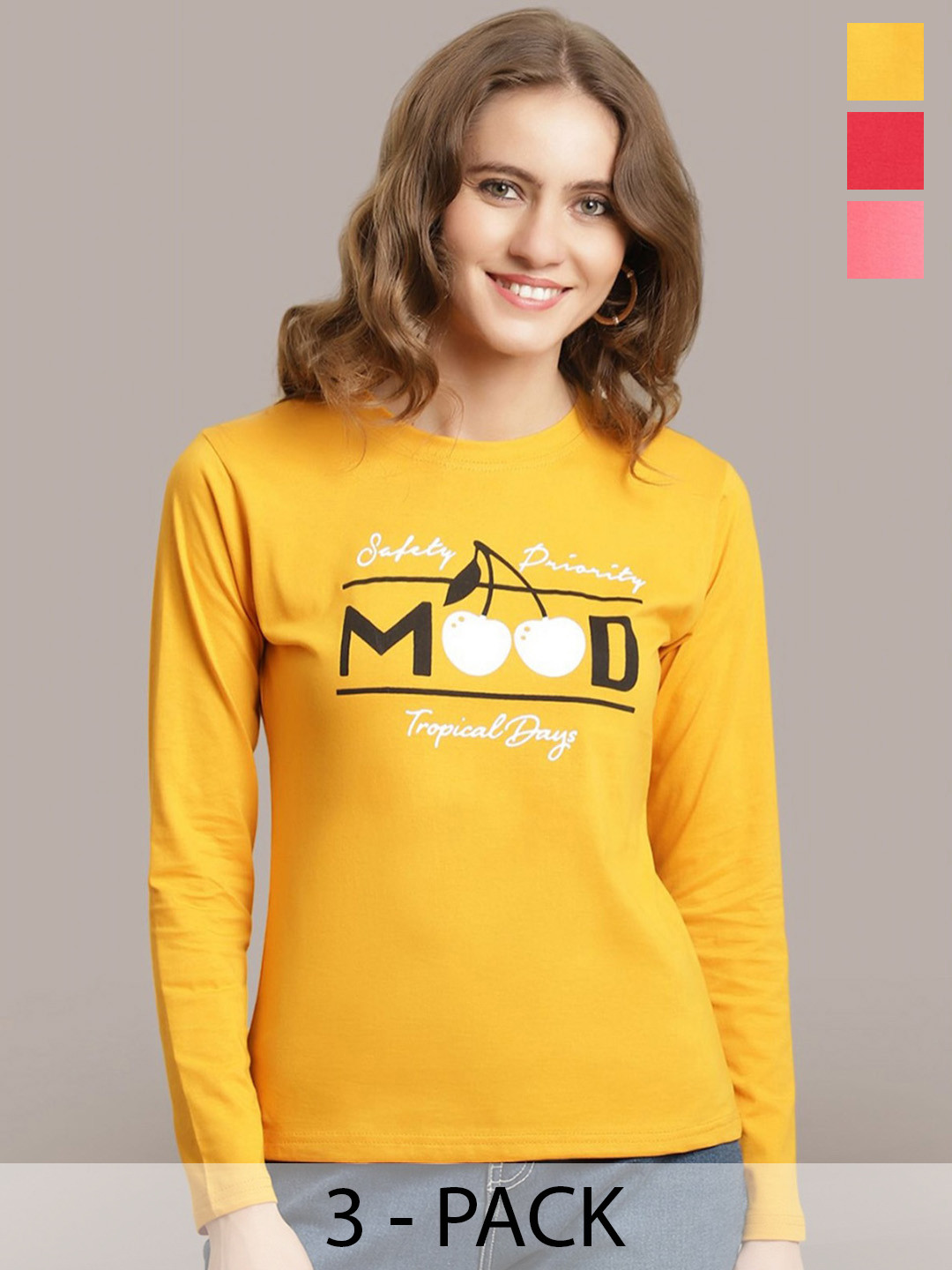 

Metronaut Women Pack Of 3 Printed Round Neck Cotton T-shirts, Yellow