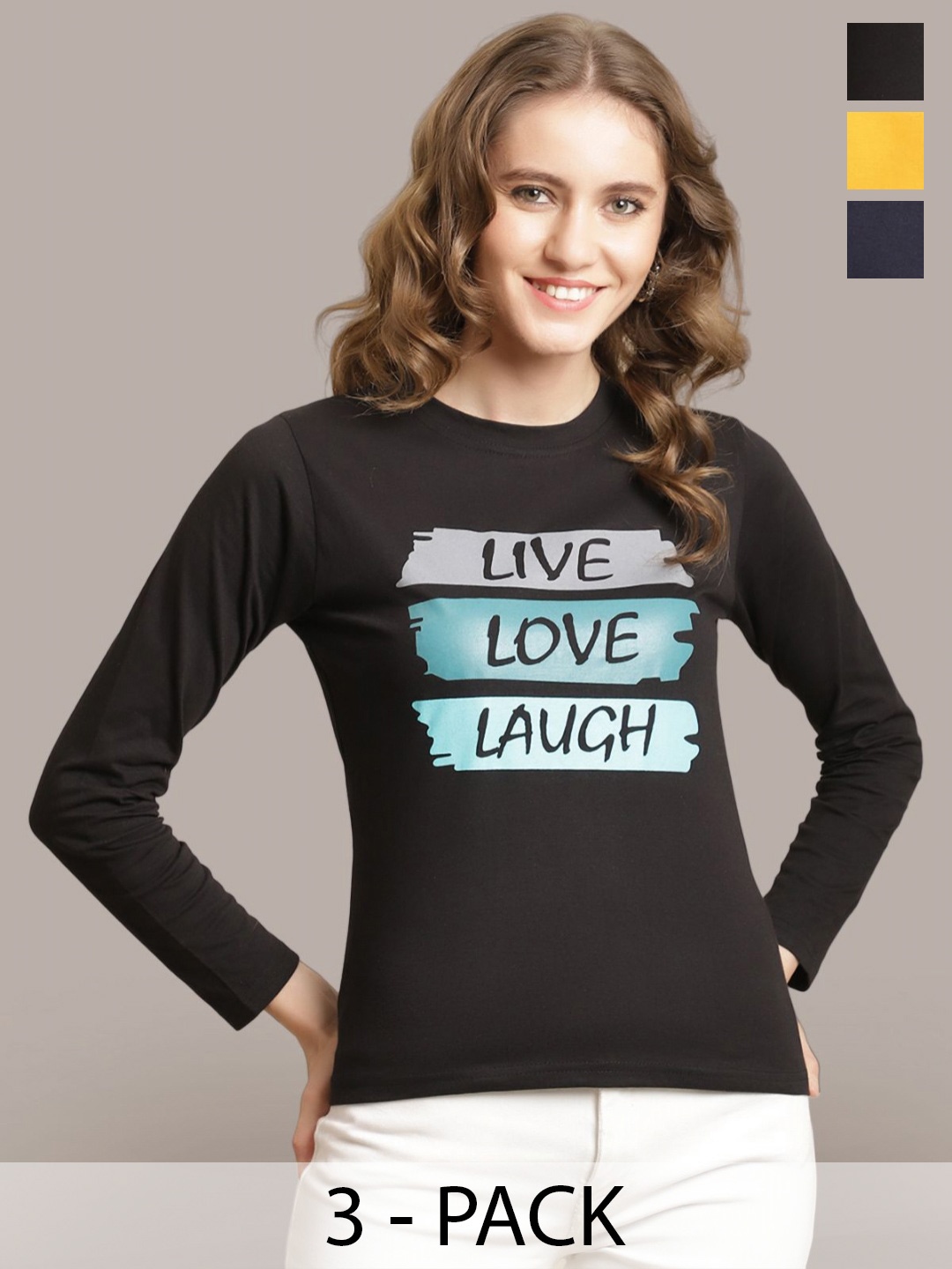 

Metronaut Women Pack Of 3 Printed Round Neck Cotton T-shirts, Black