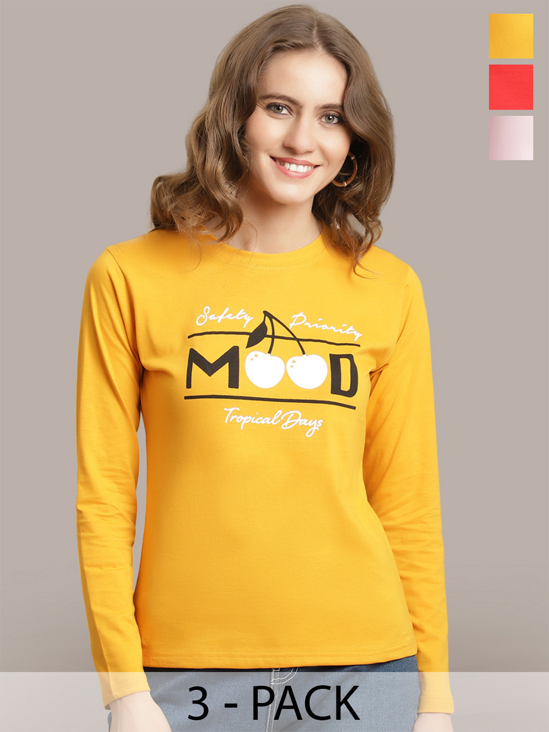 

Metronaut Women Pack Of 3 Printed Round Neck Cotton T-shirts, Yellow