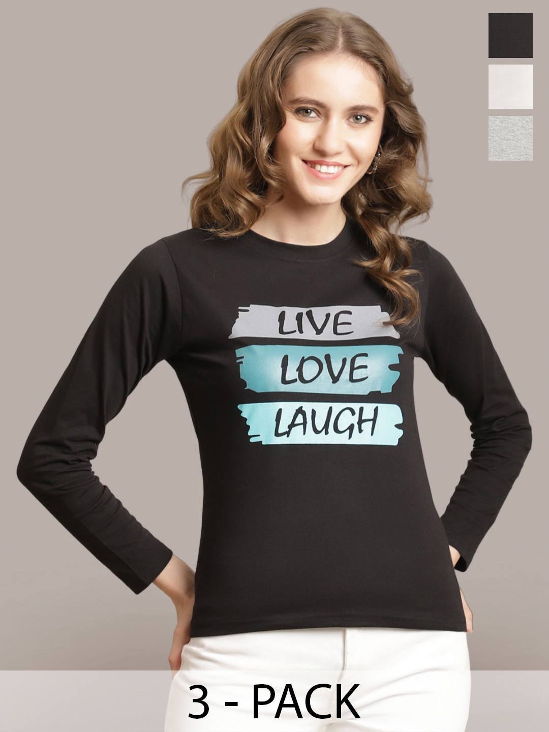 

Metronaut Women Pack Of 3 Typography Printed Round Neck Cotton T-shirts, Black