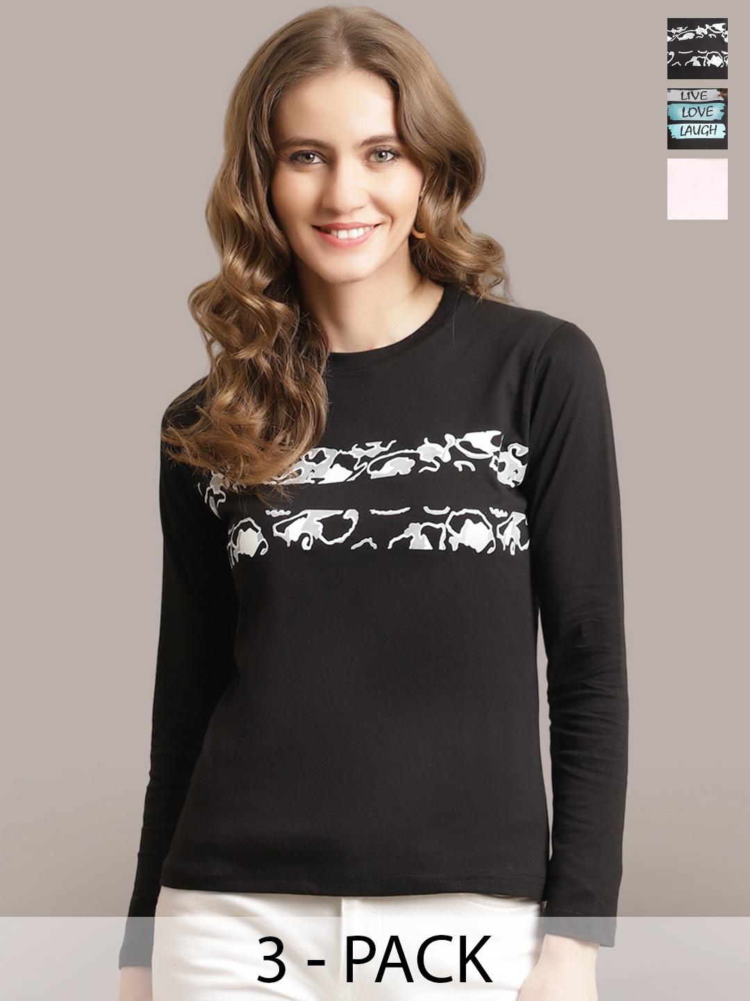 

Metronaut Women Pack Of 3 Printed Round Neck Cotton T-shirts, Black