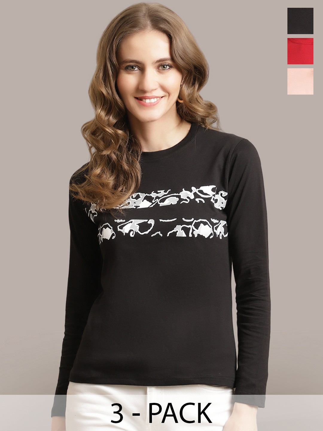 

Metronaut Women Pack Of 3 Printed Round Neck Cotton T-shirts, Black