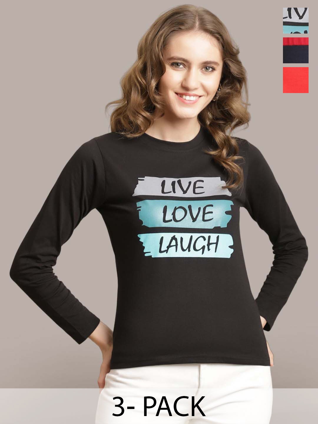 

Metronaut Women Pack Of 3 Printed Round Neck Cotton T-shirts, Black
