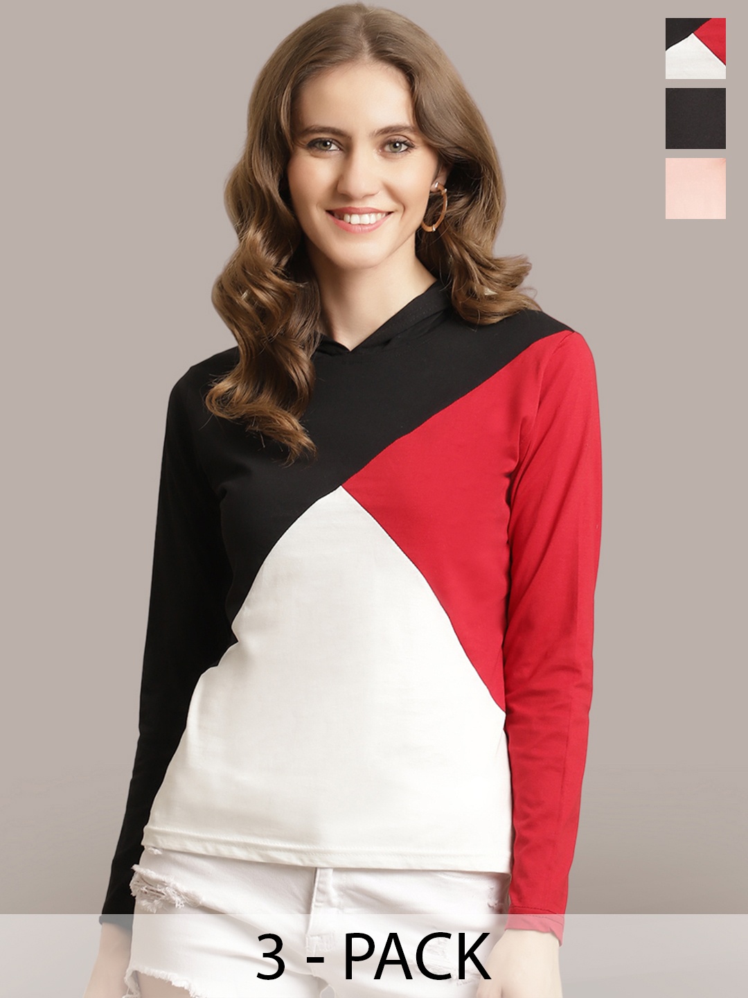 

Metronaut Women Pack Of 3 Colourblocked Round Neck Cotton T-shirts, Black