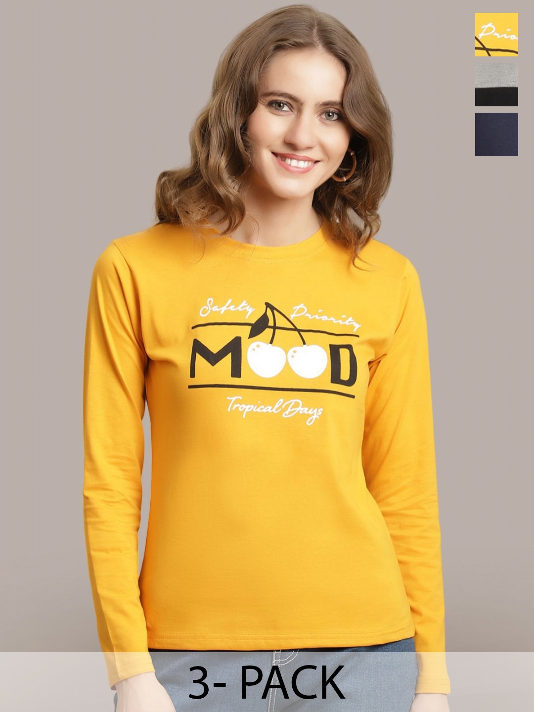 

Metronaut Women Pack Of 3 Printed Round Neck Cotton T-shirts, Yellow