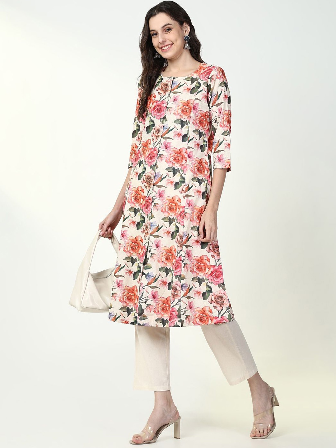 

SHOWOFF Floral Printed A-Line Kurta With Trouser, Orange