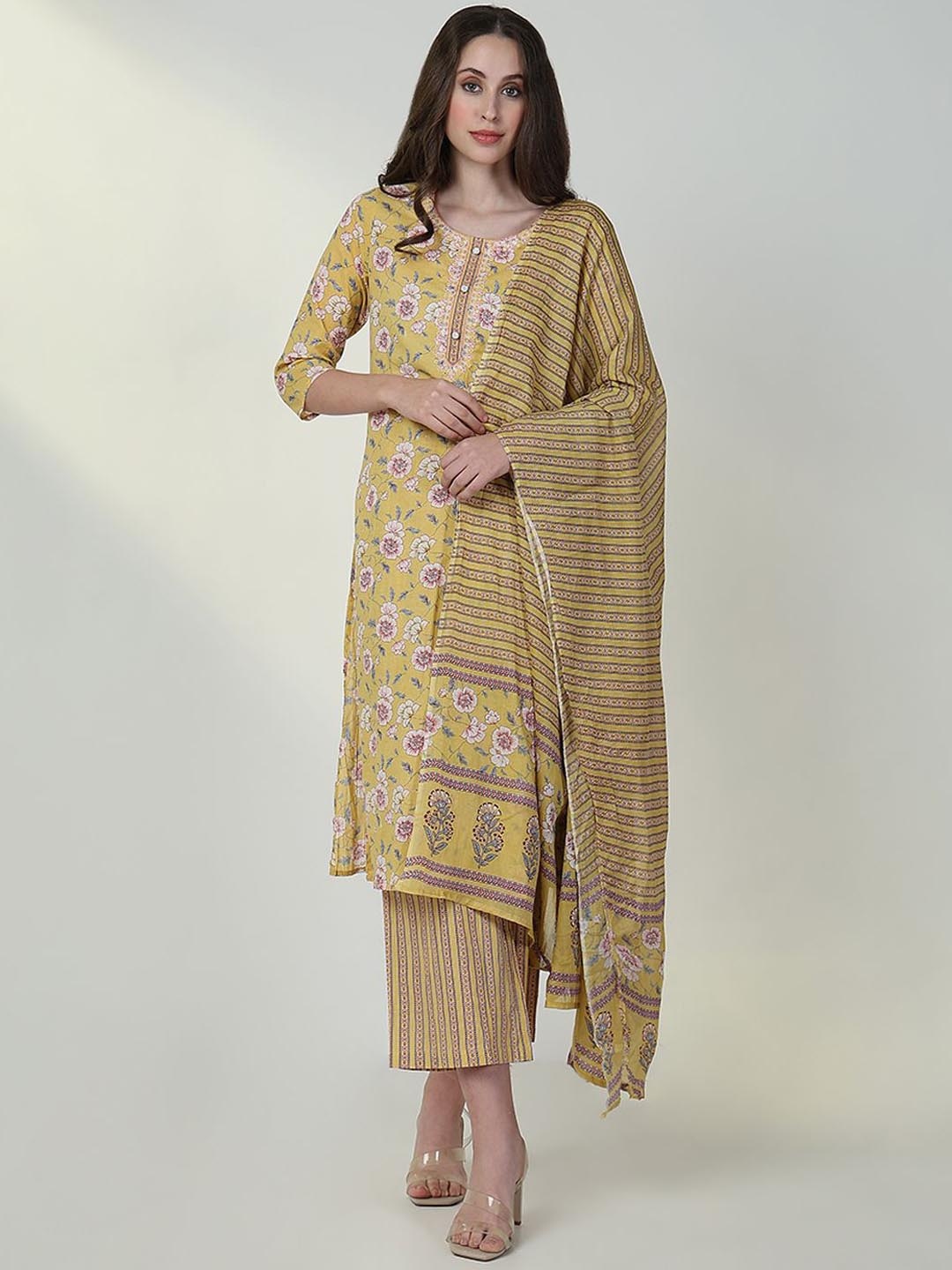

SHOWOFF Floral Printed Thread Work Straight Kurta With Trouser & Dupatta, Yellow
