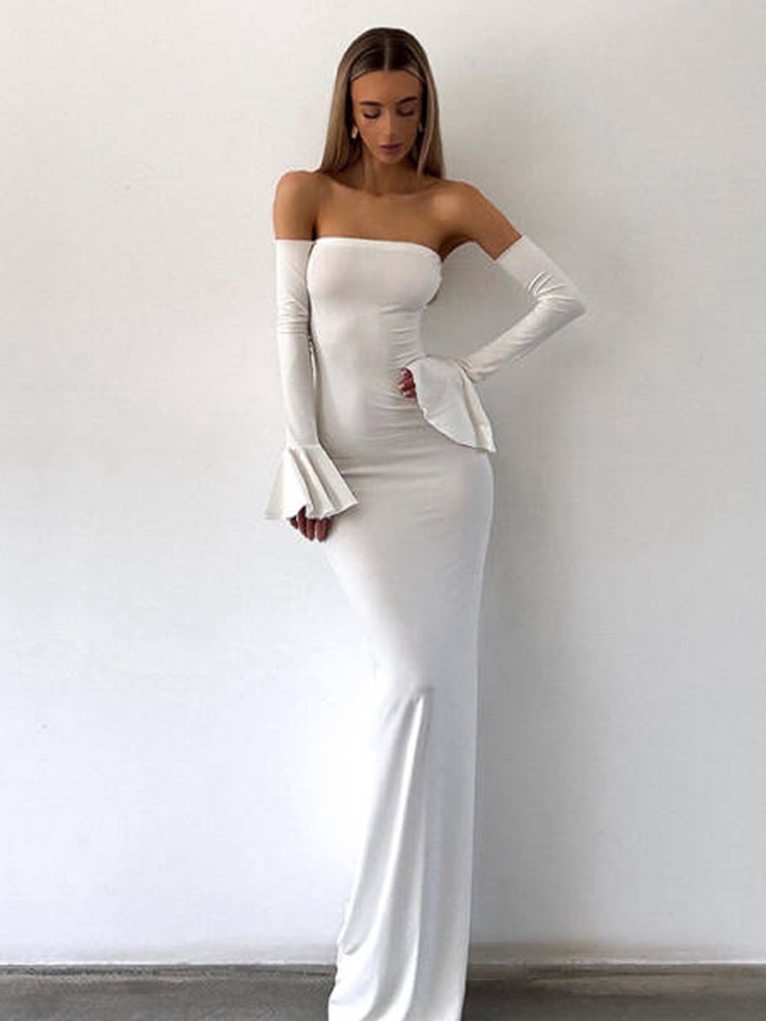 

HERE&NOW Women Off-Shoulder Bell Sleeves Maxi Dress, White