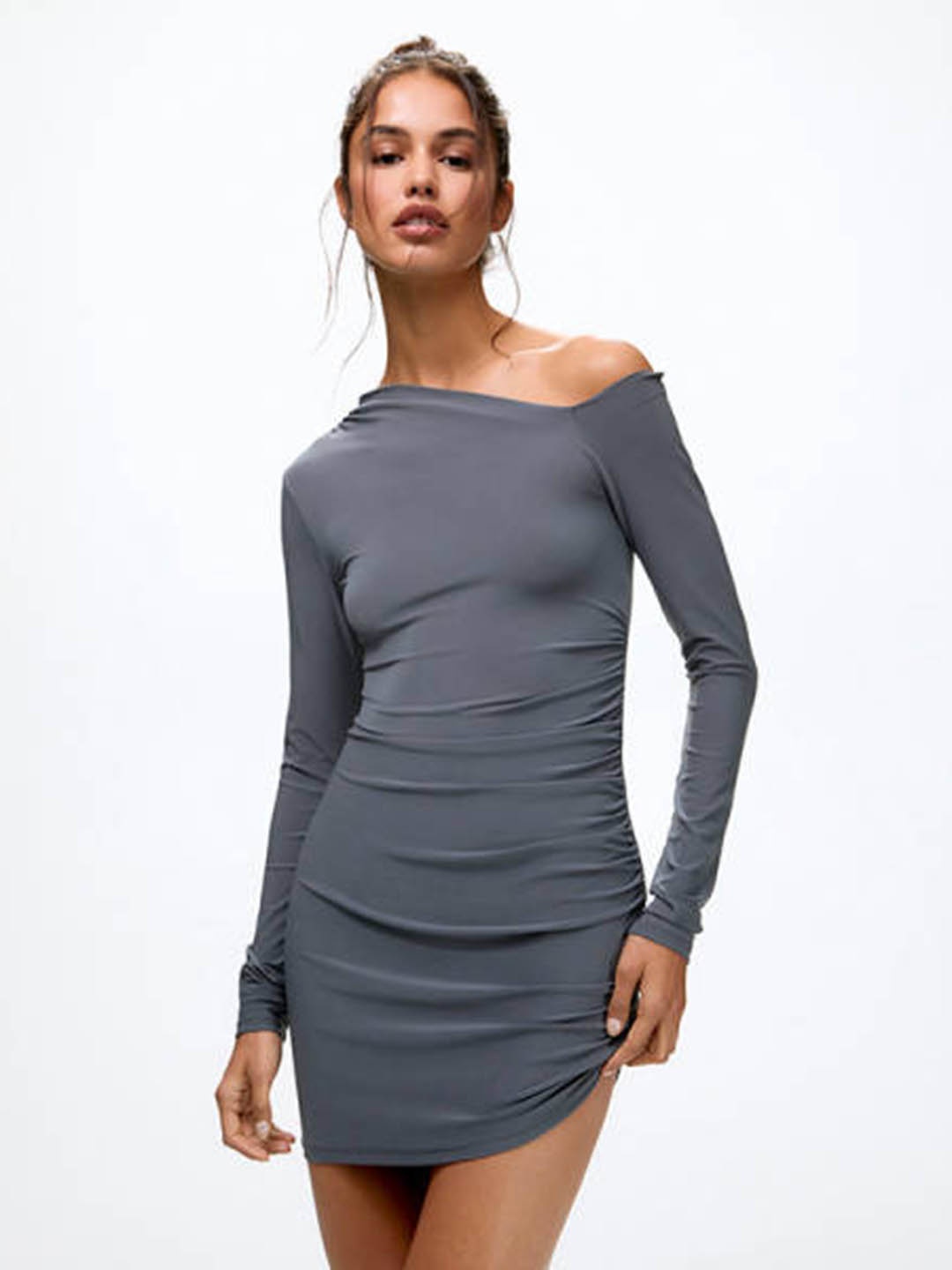 

HERE&NOW Women Asymmetric Neck Bodycon Mini Dress, Grey
