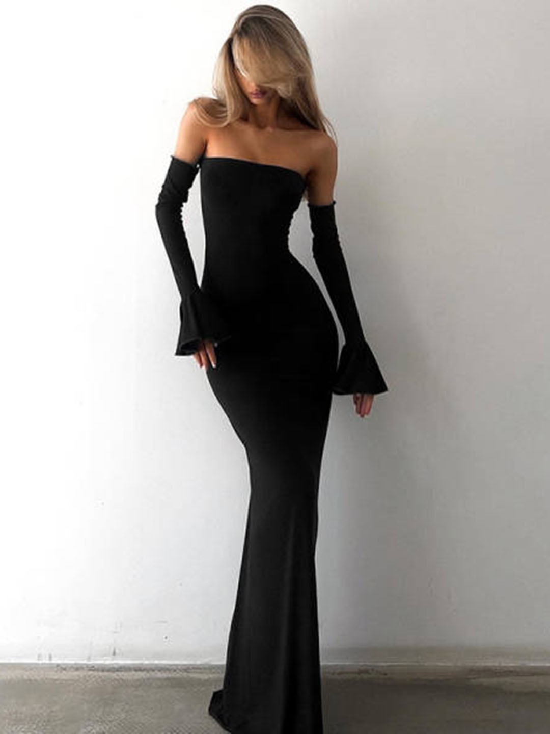 

HERE&NOW Women Off-Shoulder Bell Sleeve Bodycon Maxi Dress, Black