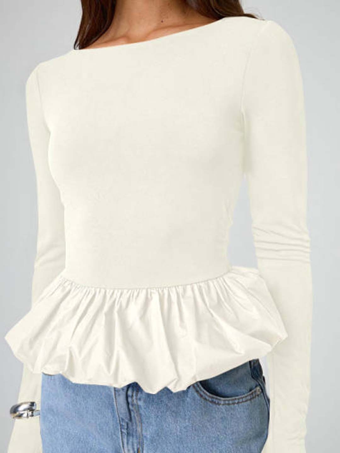 

HERE&NOW Women Round Neck Peplum Top, White