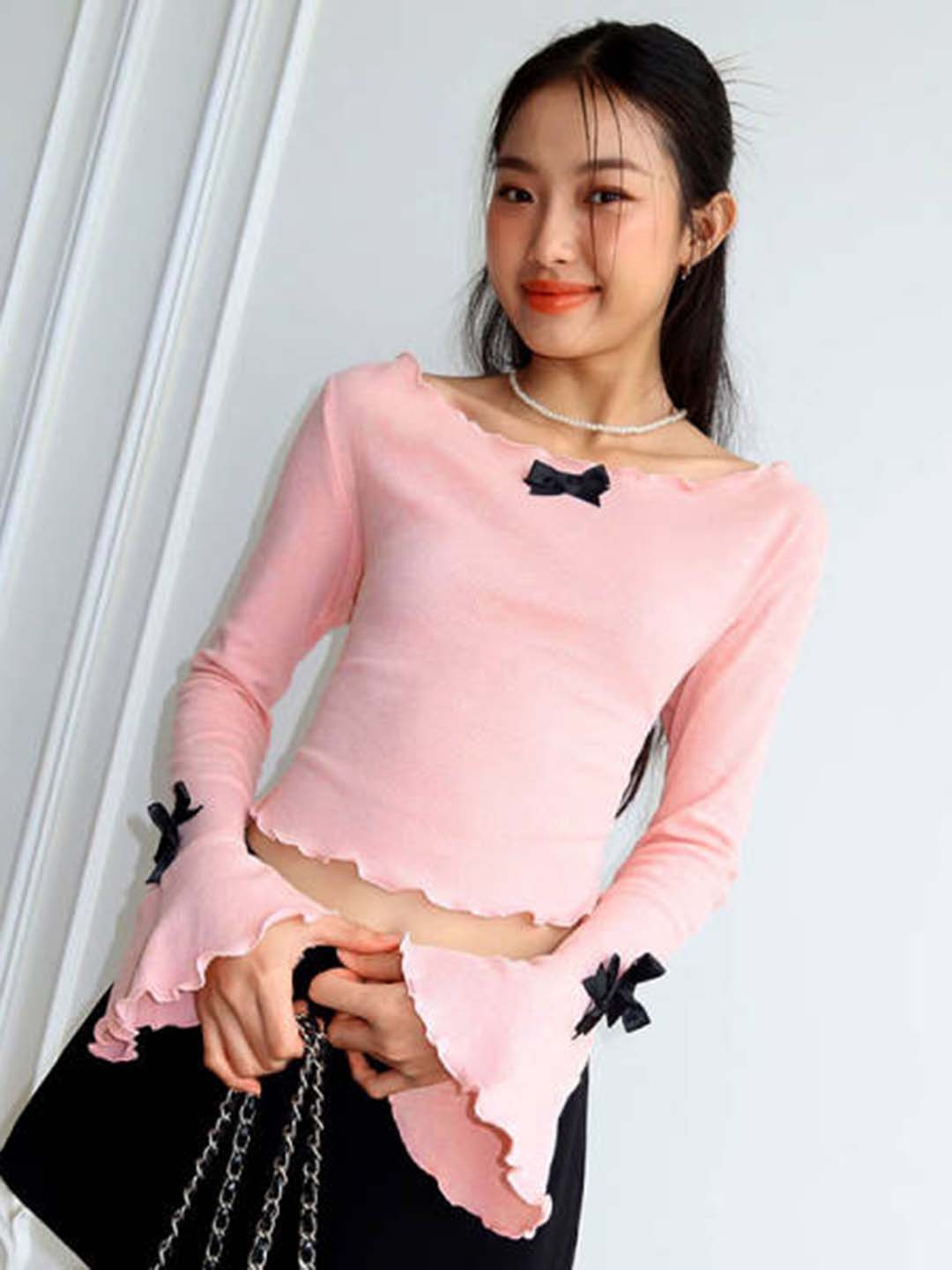 

HERE&NOW Women Long Sleeves Bow Pullover Boat Neck Top, Pink