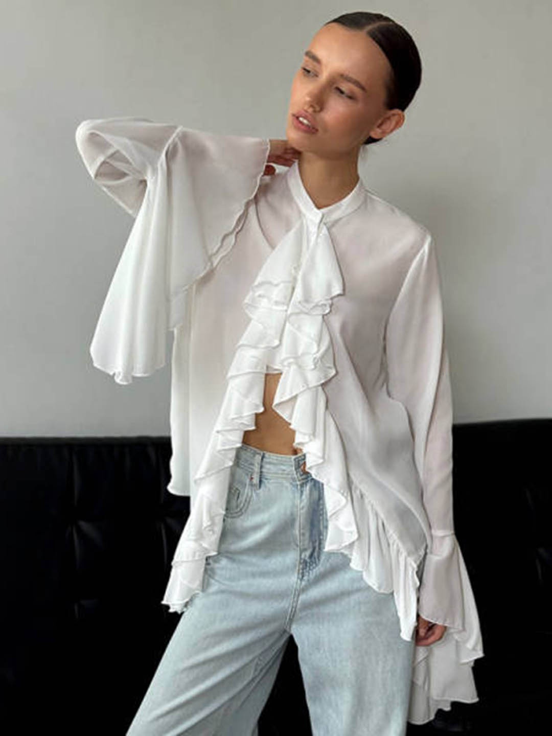 

HERE&NOW Women Round Neck Flutter Sleeves Top, White