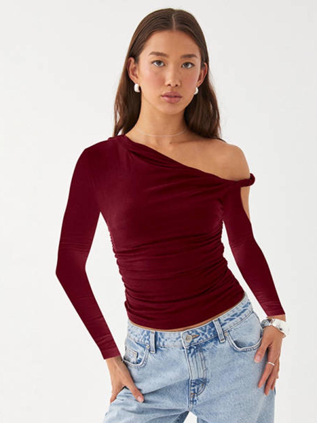 

HERE&NOW Women One Shoulder Fitted Top, Burgundy
