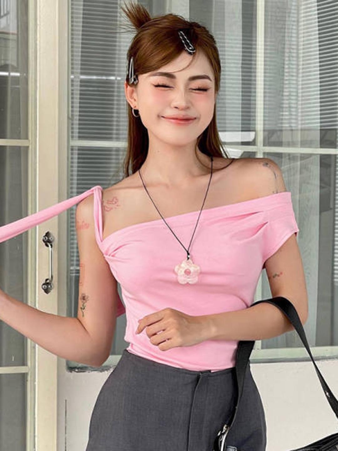 

HERE&NOW Women Off-Shoulder Bardot Top, Pink