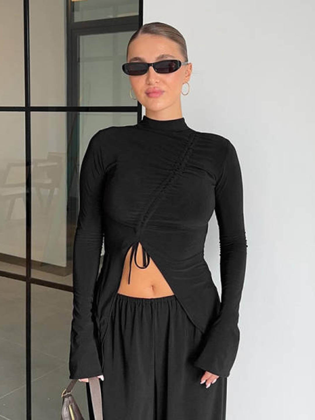 

HERE&NOW Women High Neck Long Sleeves Top, Black