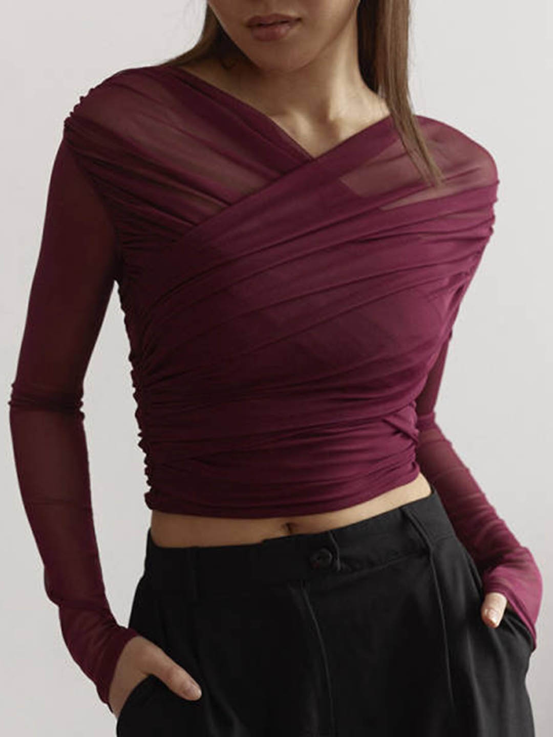 

HERE&NOW Women V-Neck Wrap Top, Burgundy