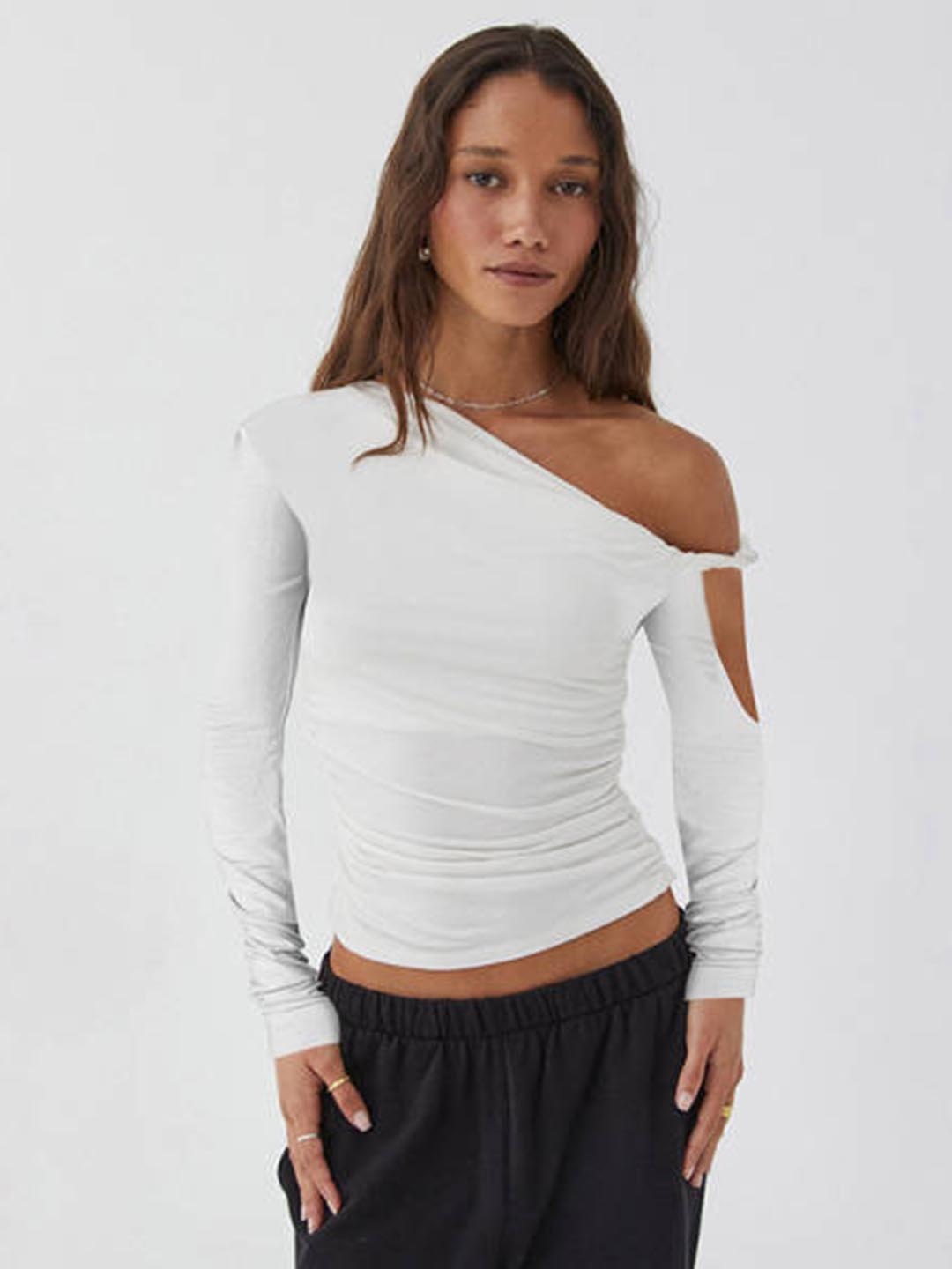 

HERE&NOW Women One Shoulder Long Sleeves Top, White