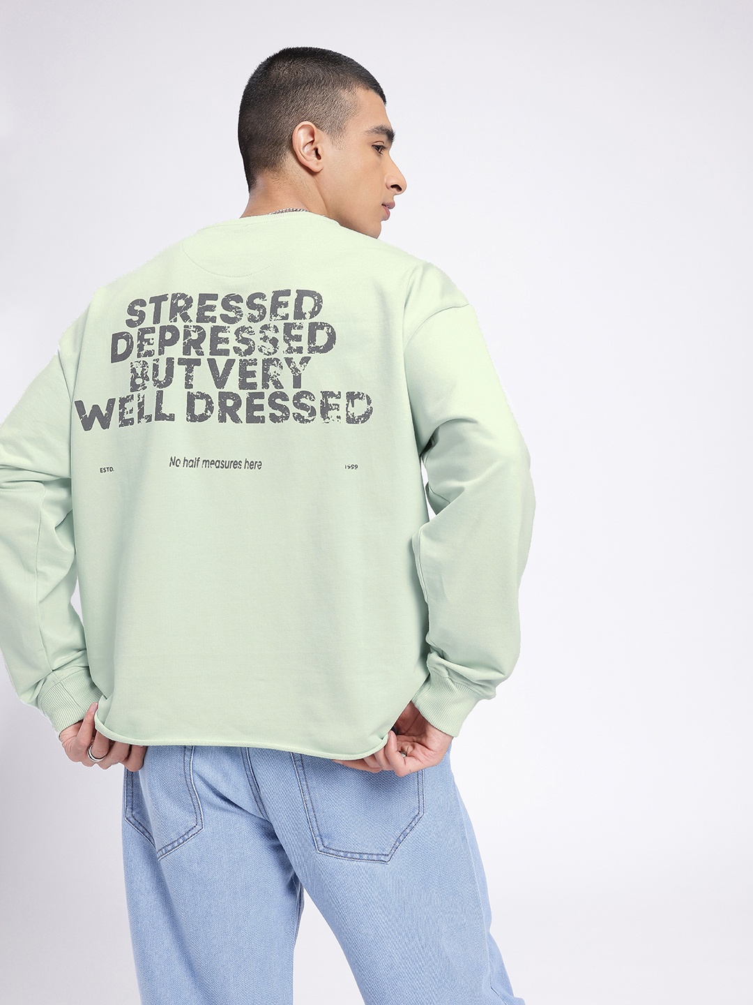 

glitchez Street Essential Typography Printed Oversized Sweatshirt, Sea green