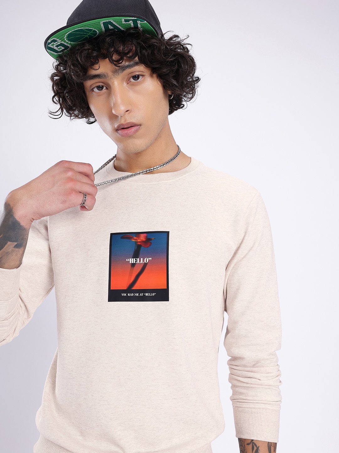 

glitchez Modern Swag Cotton Terry Graphic Printed Sweatshirt, Beige