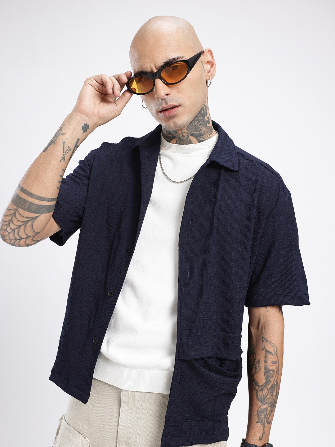 

glitchez Classic Vibe Self Design Oversized Shirt, Navy blue
