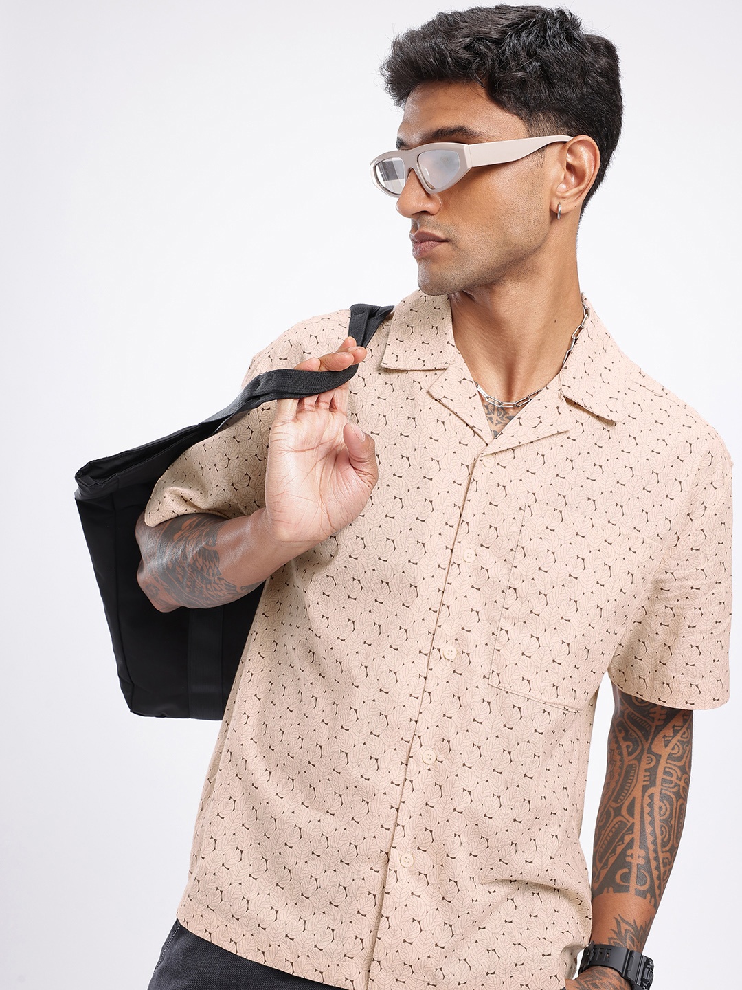 

glitchez Cool Touch Tropical Printed Oversized Shirt, Beige