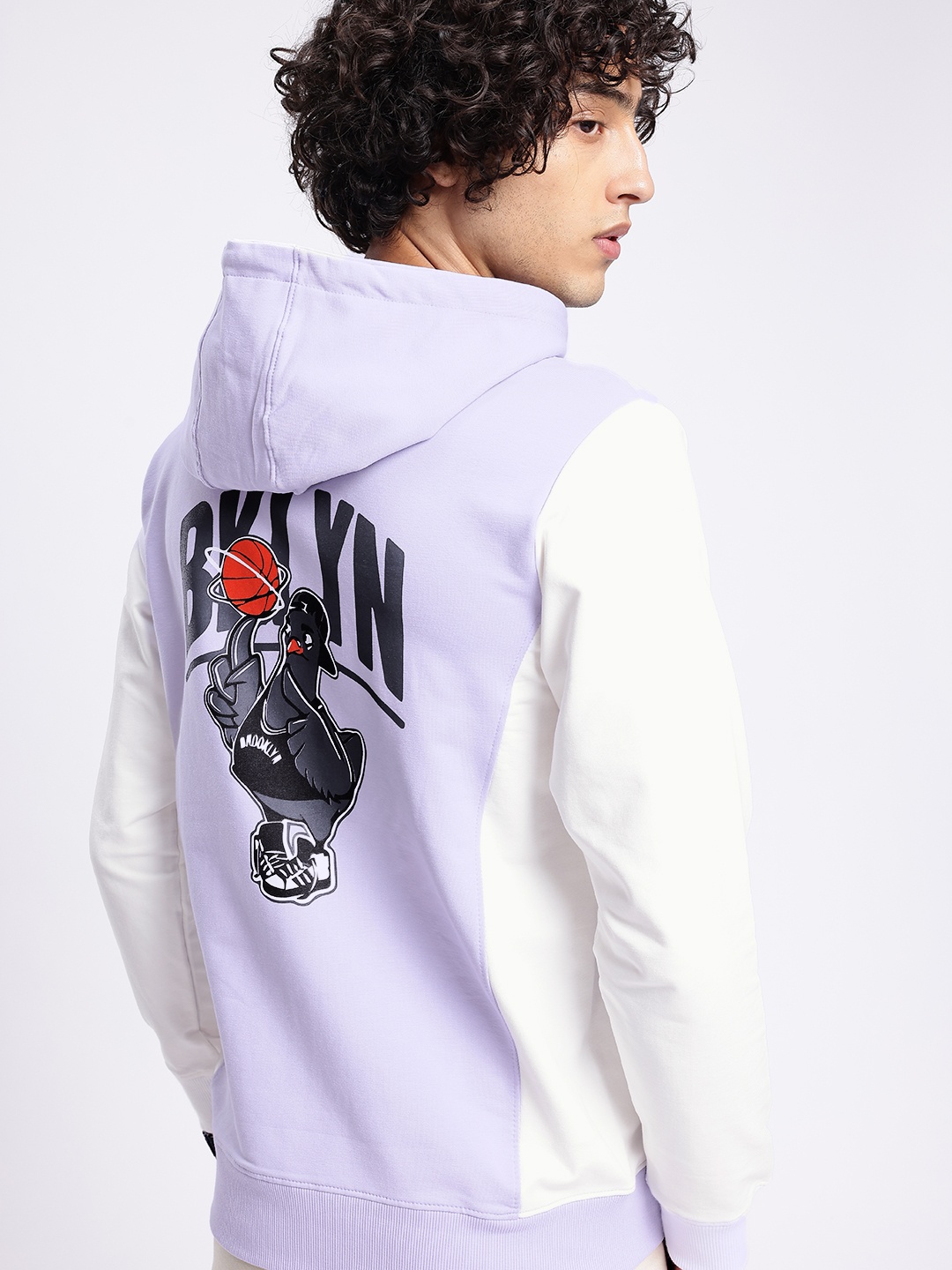 

glitchez Urban Swag Cotton Terry Graphic Printed & Colourblocked Hooded Sweatshirt, Lavender