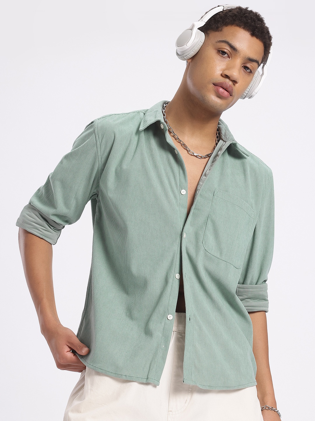 

glitchez Effortless Edge Oversized Bliss Corduroy Shirt, Green