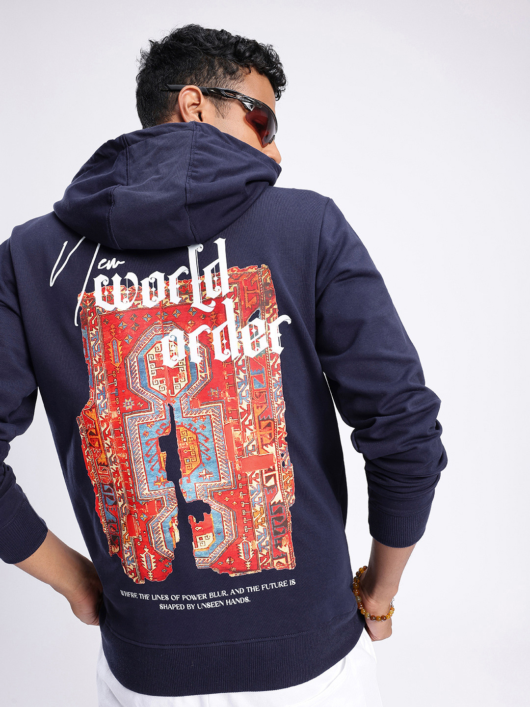 

glitchez Global Reset Printed Cotton Terry Hooded Sweatshirt, Navy blue