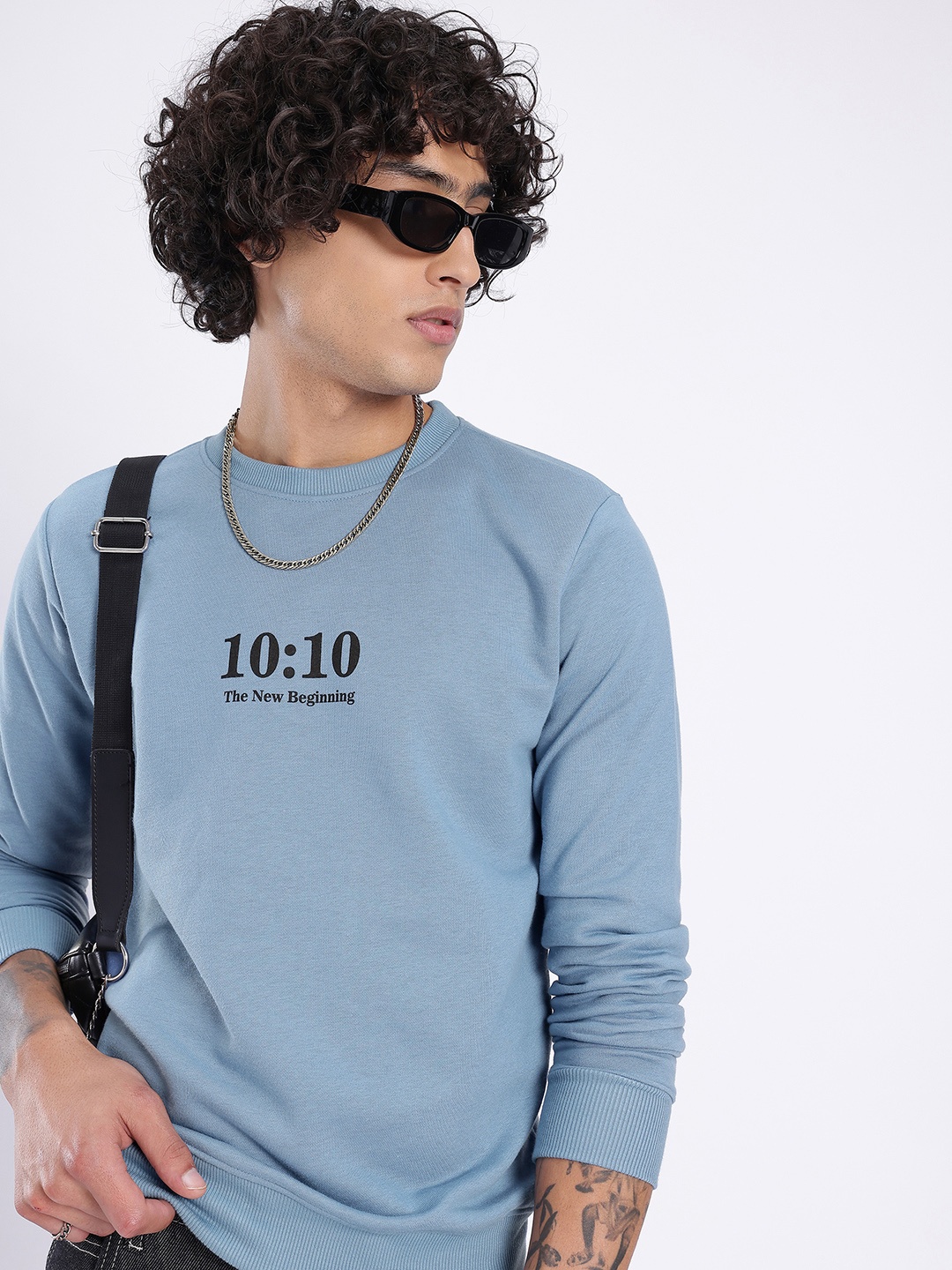 

glitchez Cool Swag Minimal Cotton Terry Typography Printed Sweatshirt, Blue