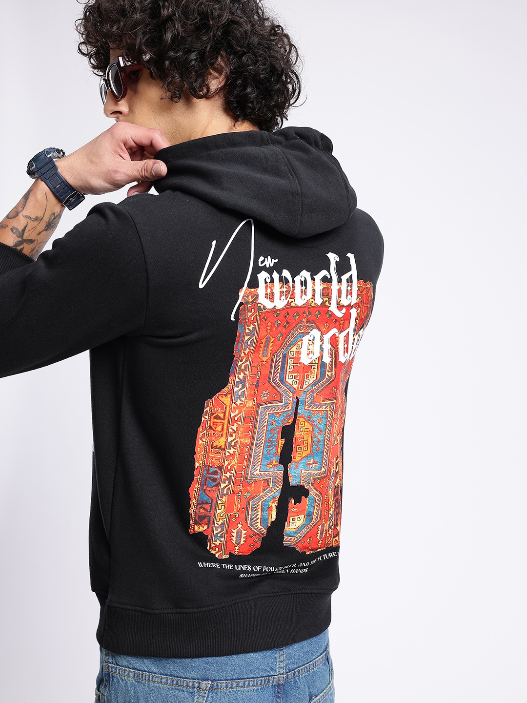 

glitchez Urban Swag Cotton Terry Graphic Printed Hooded Sweatshirt, Black