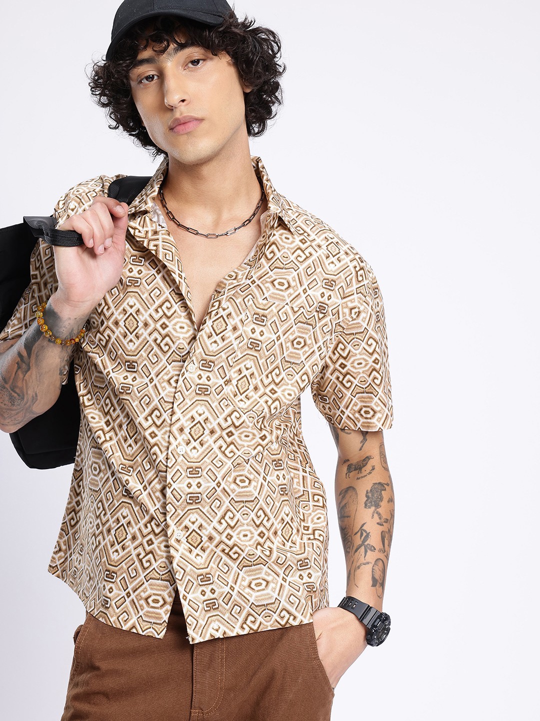 

glitchez Versatile Vogue Printed Oversized Shirt, Beige