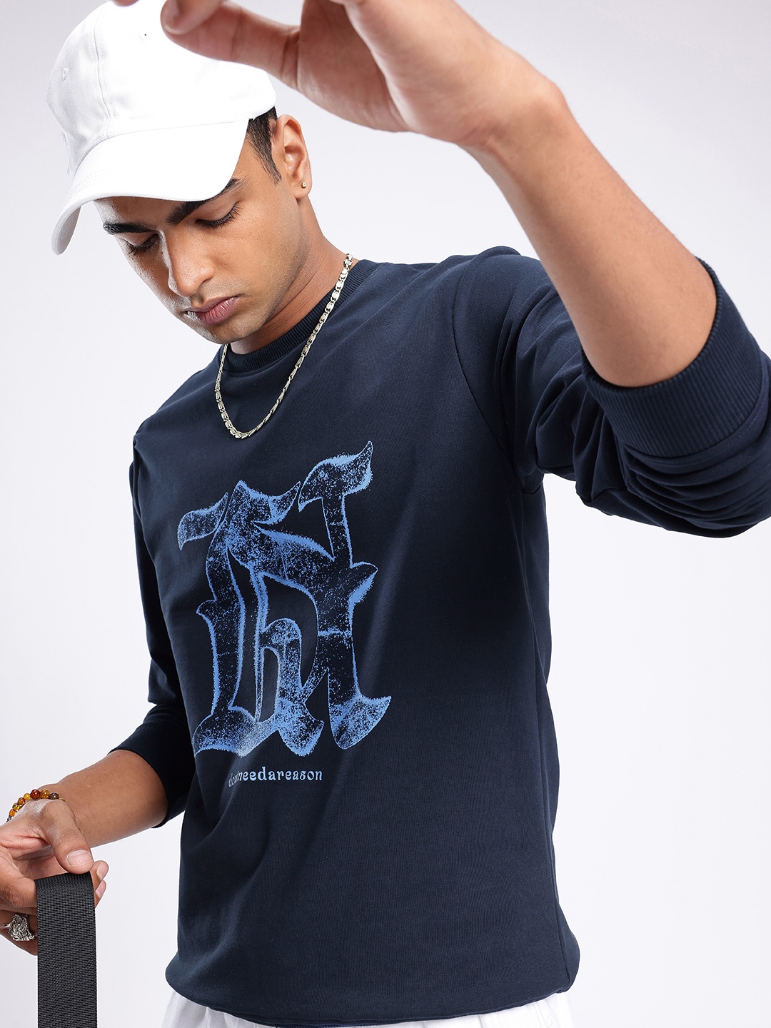 

glitchez Street Smart Attitude Printed Cotton Terry Sweatshirt, Navy blue