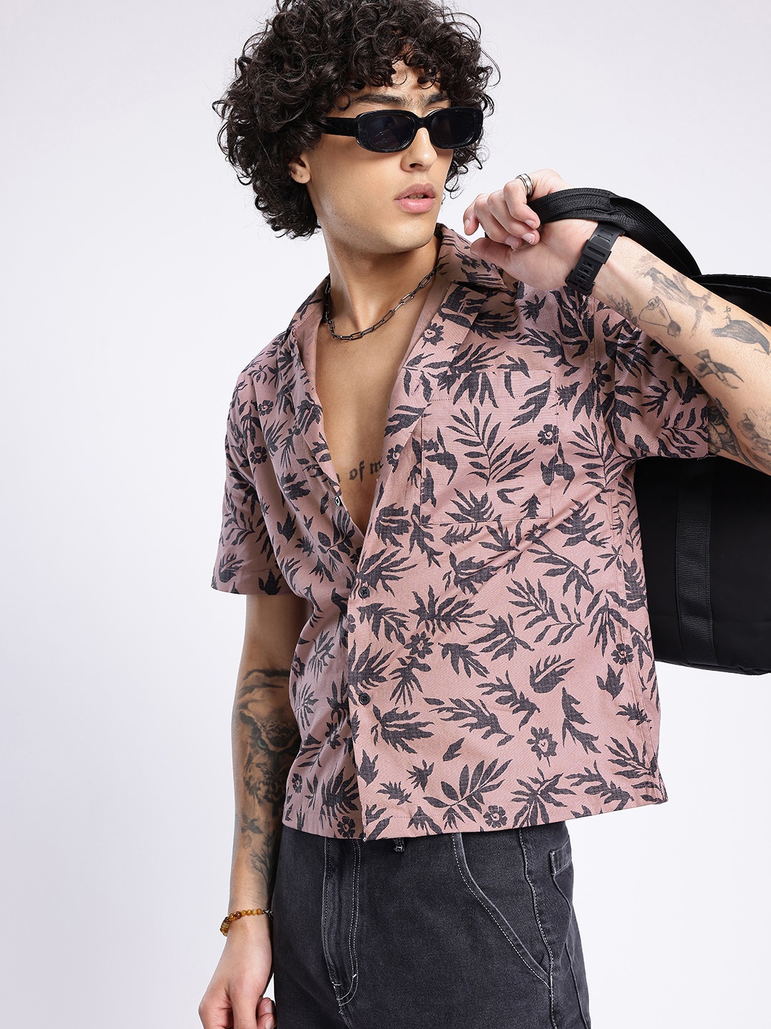 

glitchez Versatile Vogue Tropical Printed Oversized Shirt, Mauve