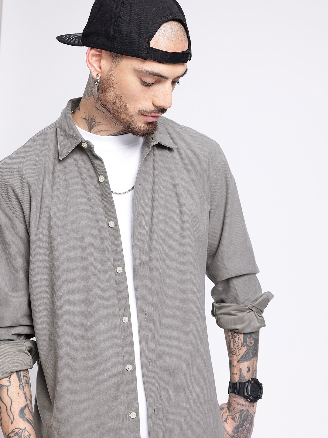 

glitchez Cool Edge Corduroy Oversized Fit Shirt, Grey