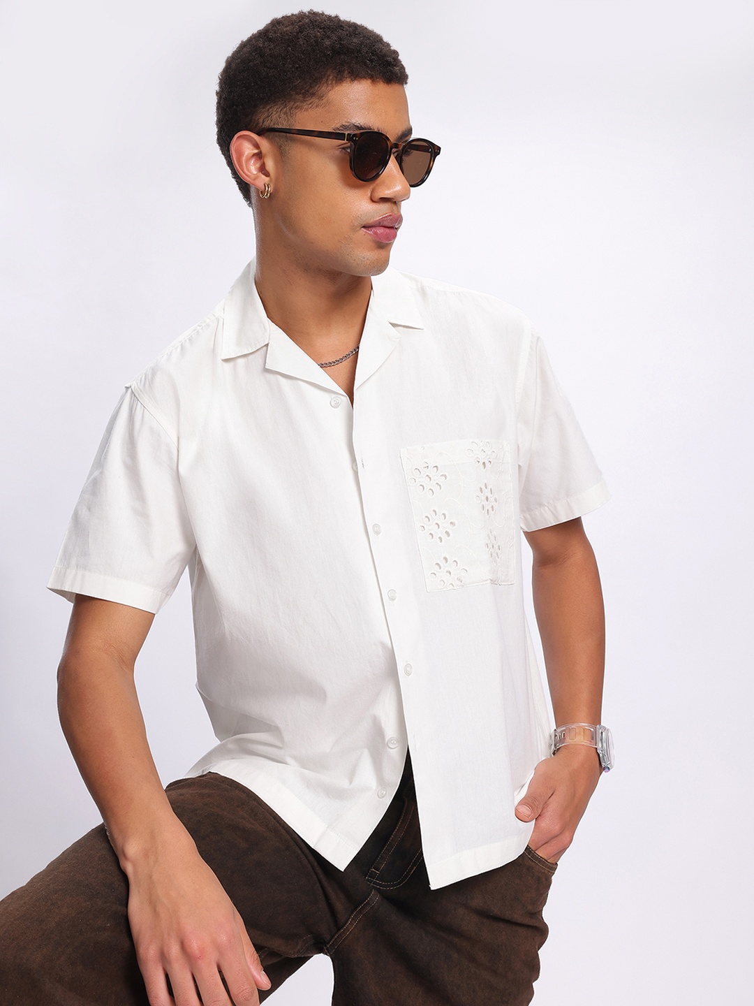 

glitchez Schiffli Charm Embroidered Oversized Shirt, White
