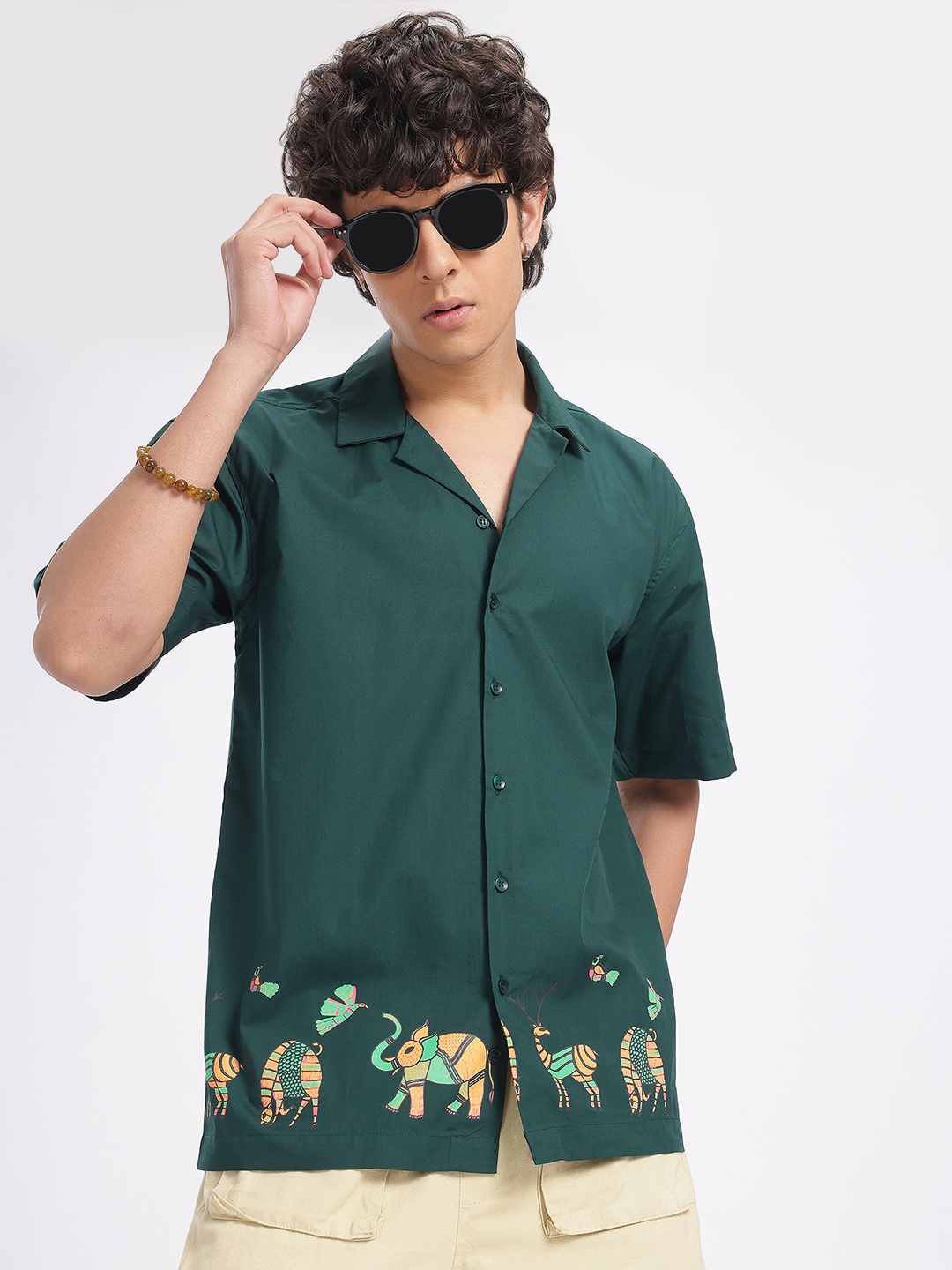 

glitchez Elephant Art Print Relaxed Fit Pure Cotton Shirt, Green