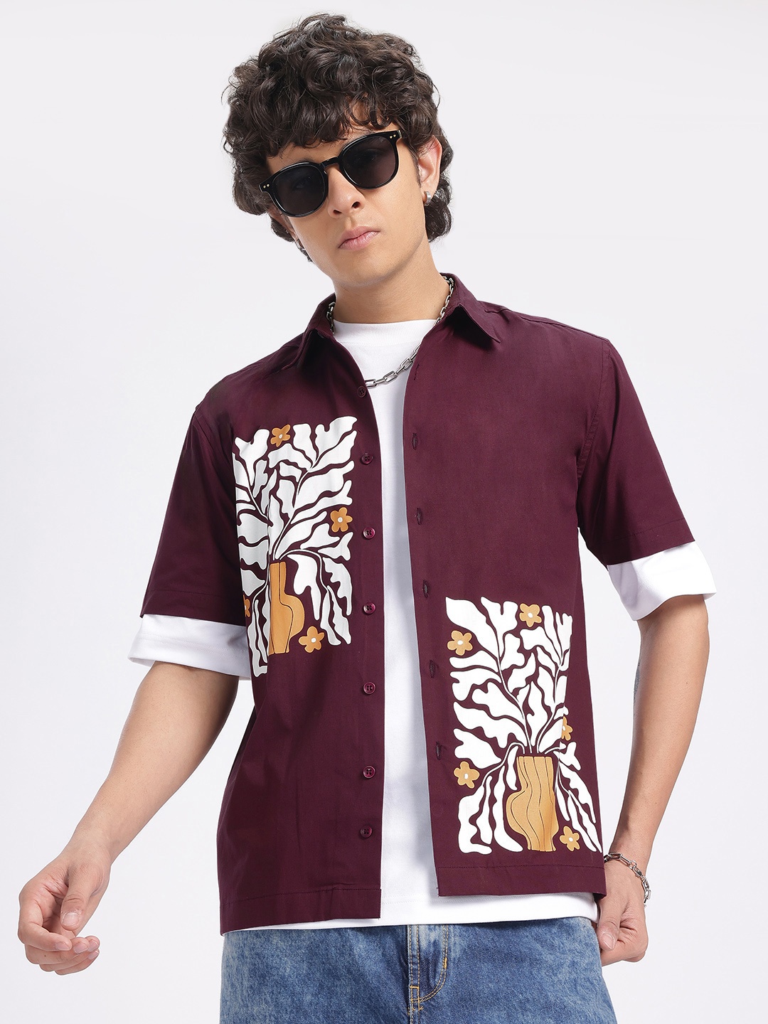 

glitchez Fancy Flowers Print Relaxed Fit Pure Cotton Shirt, Maroon