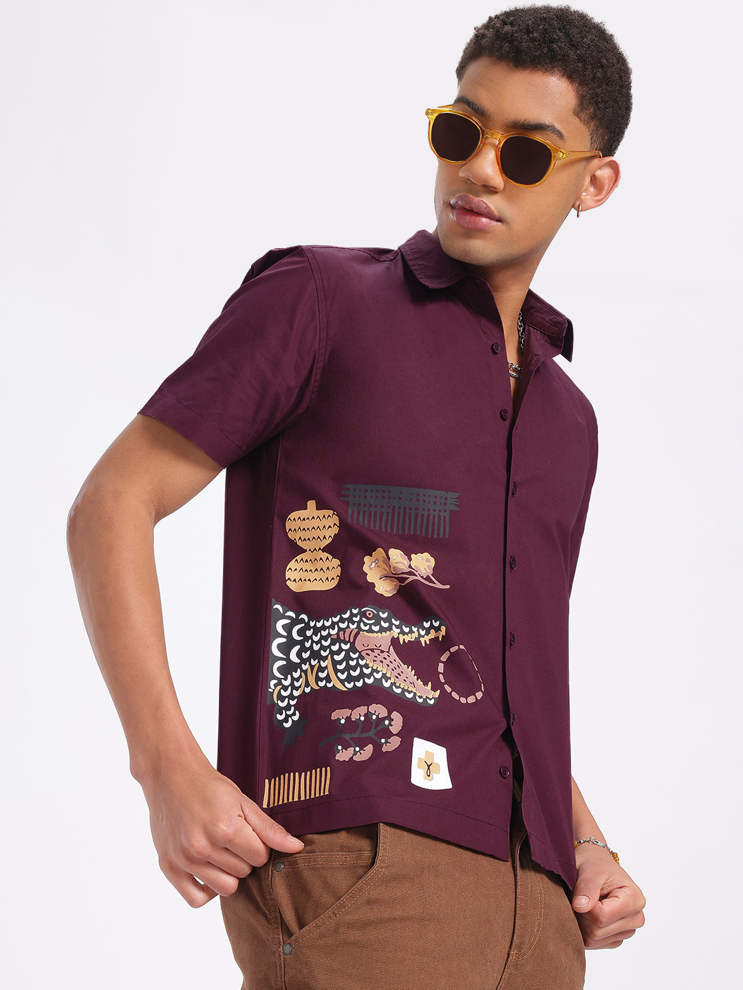 

glitchez Streetwear Comfort Conversational Print Relaxed Fit Pure Cotton Shirt, Purple