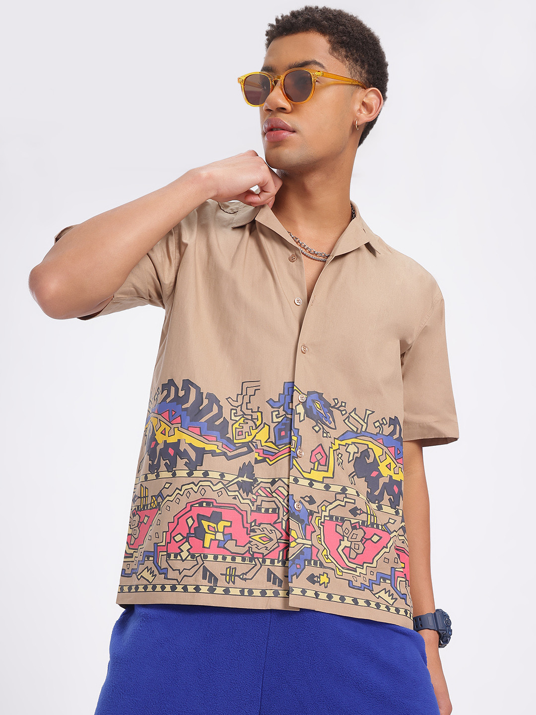

glitchez Traditional Graphics Print Cuban Collar Relaxed Fit Pure Cotton Shirt, Beige