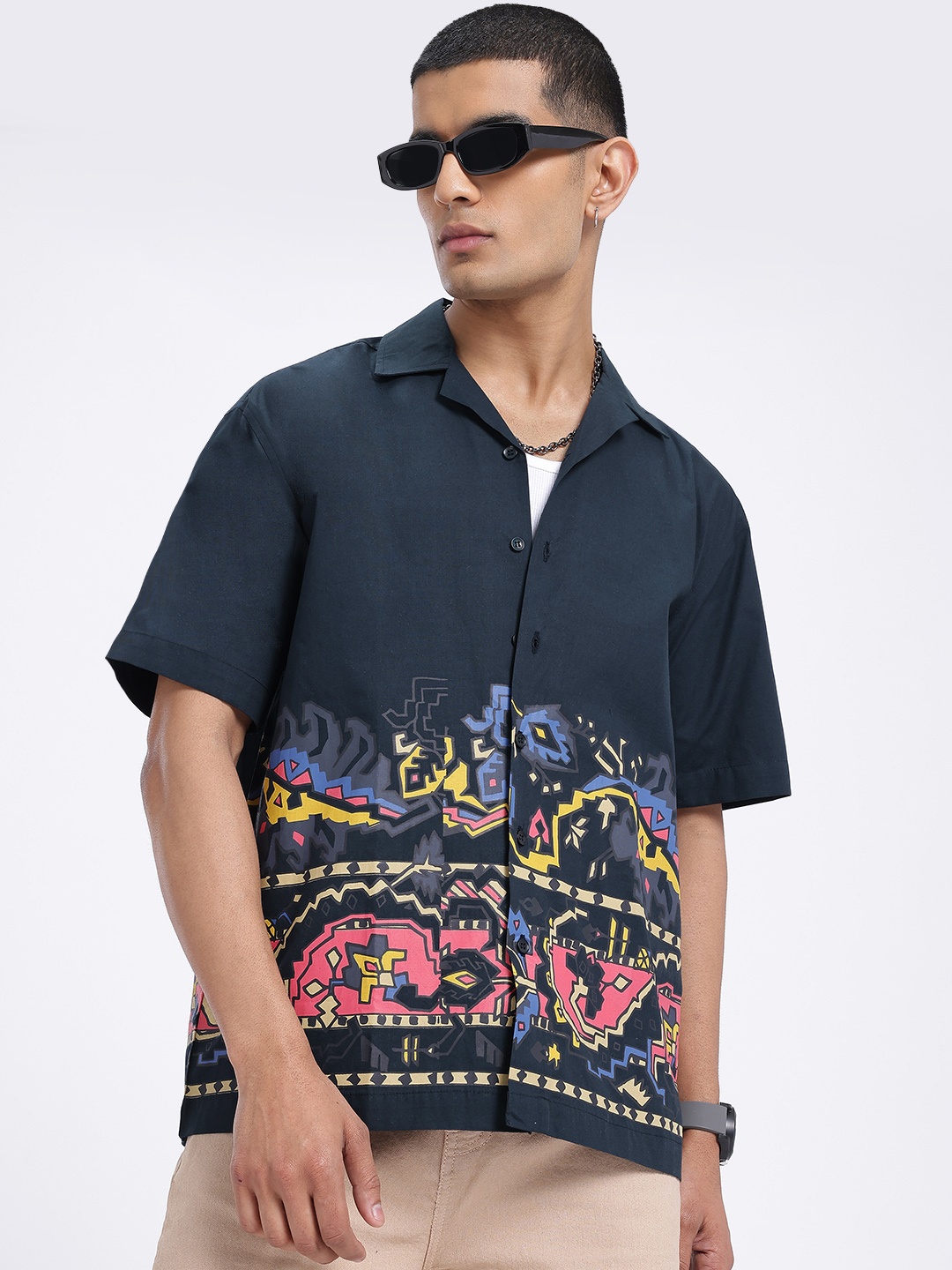 

glitchez Ethnicity Meets Style Printed Pure Cotton Relaxed Fit Casual Shirt, Navy blue