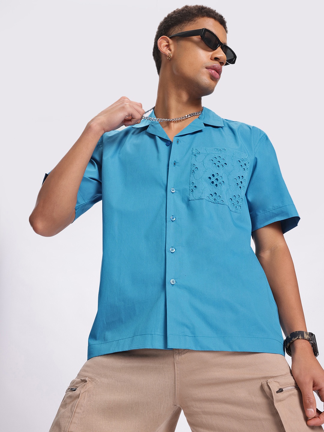 

glitchez Classic Schiffli Embroidered Pure Cotton Relaxed Fit Shirt, Blue